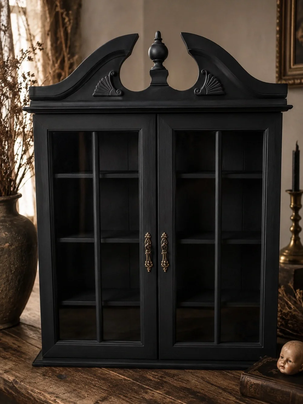 Vintage matte black curio cabinet